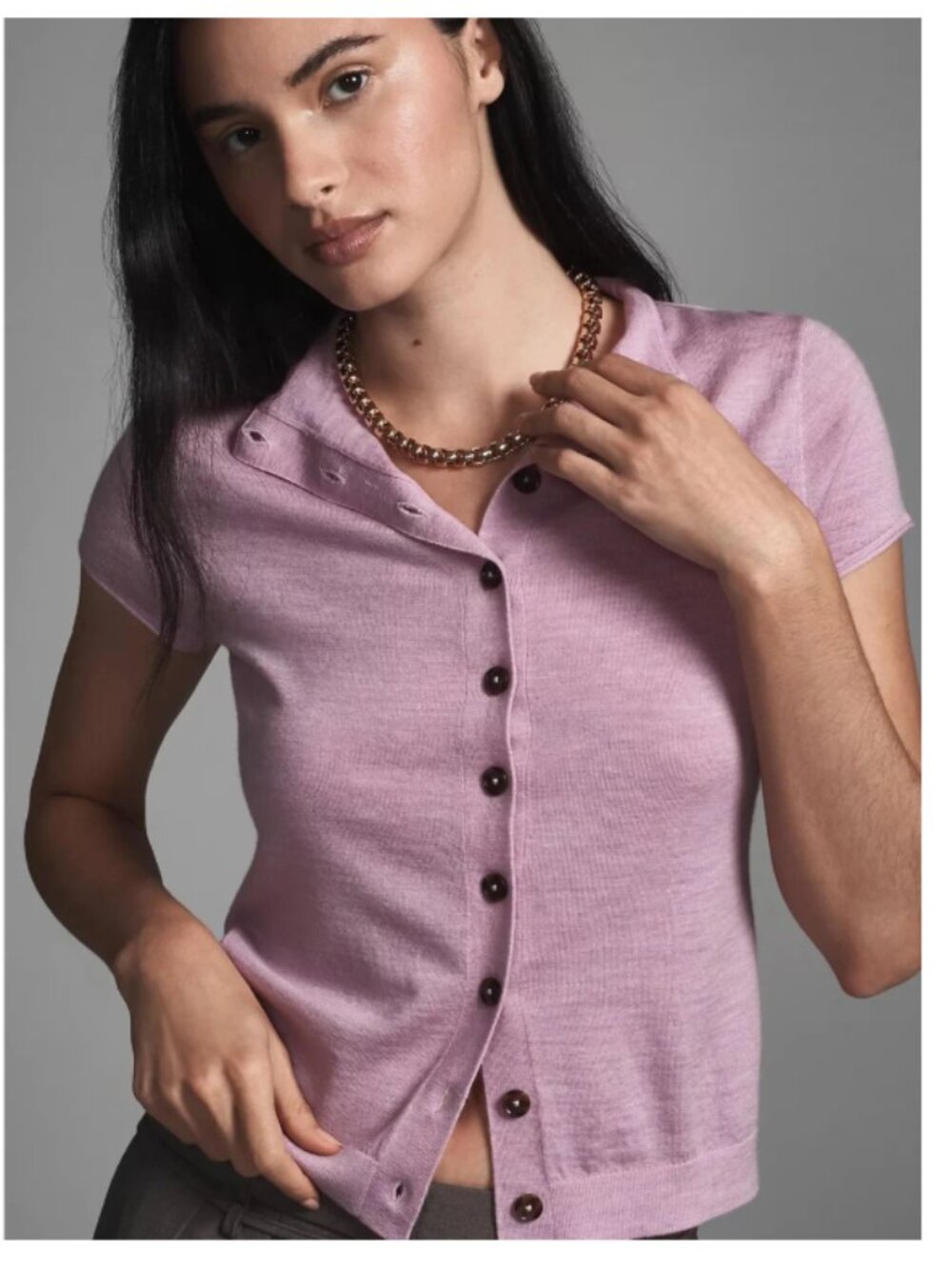 Pilcro Merino Wool Mock-Neck Short-Sleeve Cardigan Sweater in Lilac - Size Small
